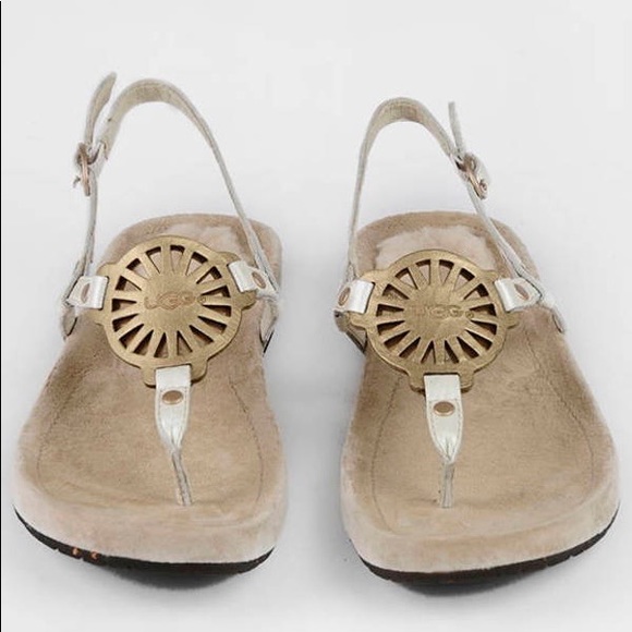 UGG Halendi Sheepskin Heel Puff Genuine Leather Flats Open Toe Sandals Shoes - Picture 11 of 16